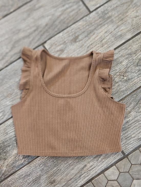 Tops - Ribbed Ruffle Sleeve Crop Top — Tan Size Medium